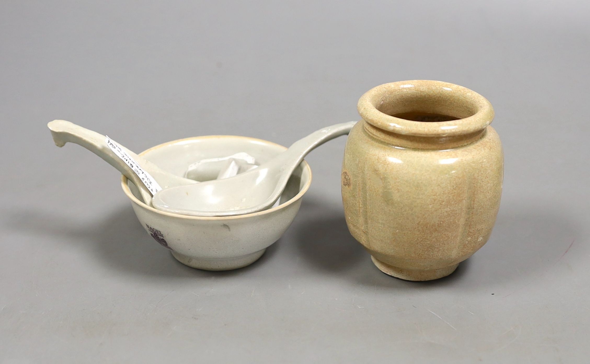 A Chinese Tek Sing cargo bowl and 2 rice spoons and a Chinese Song Qingbai jar, Jar 7 cms high.